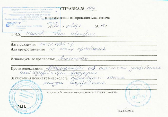 Cправка о кодировании от алкоголизма